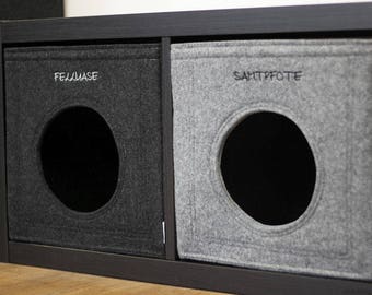 Felt cat cave fits into Ikea Expedit and Kallax, embroidered cat bed, cat cube, cat house, pet bed, small puppy bed, embroidered