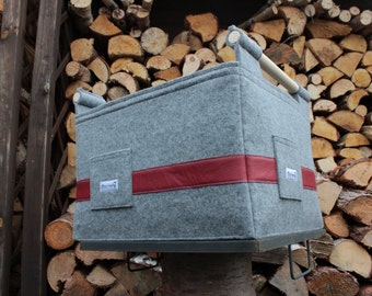 Felt Basket Storage Box with Leather and wooden handle , log basket