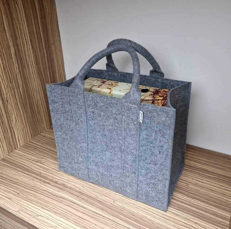 Felt Shopping Bag, grey black Handbag, Grey Felt shoulder bag, Storage Tote Utility Bag image 7