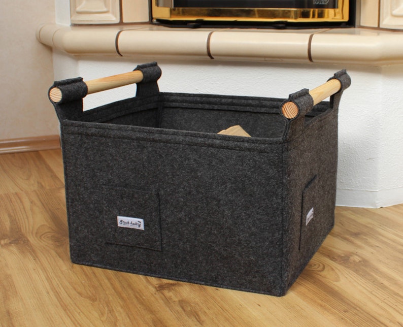 Strong and sturdy log basket M dark grey felt image 1