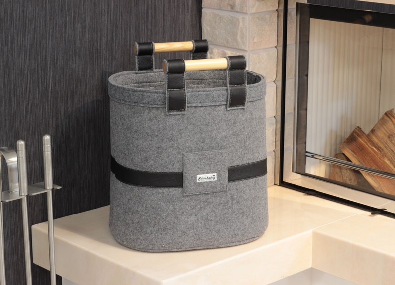 Oval Felt Basket with Wooden Side Handles log basket Etsy