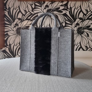 Felt Shopping Bag, grey black Handbag, Grey Felt shoulder bag, Storage Tote Utility Bag image 3