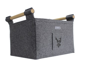 Felt Basket with Wooden Side Handles and Stag for books, magazines, toys, and scarfs, knitting materials or Firewood