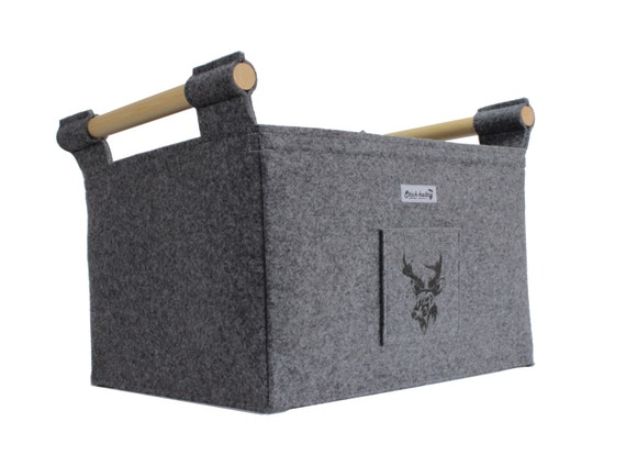 Sturdy Felt Firewood Basket With Wooden Side Handles and Stag