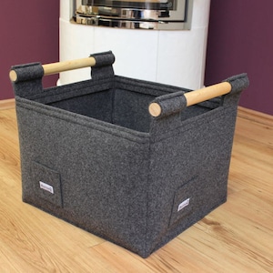 Large Log Carrier Basket With Wooden Handles L dark grey felt image 4