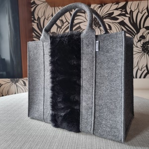 Felt Shopping Bag, grey black Handbag, Grey Felt shoulder bag, Storage Tote Utility Bag image 5