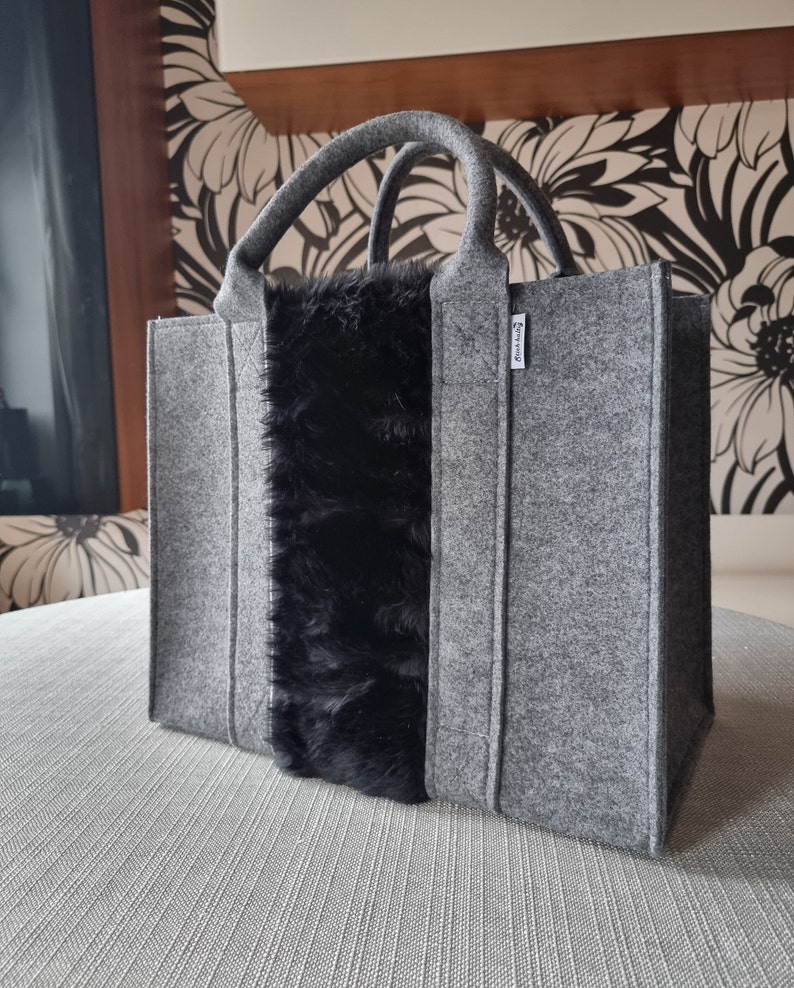 Felt Shopping Bag, grey black Handbag, Grey Felt shoulder bag, Storage Tote Utility Bag image 5