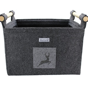 Sturdy felt firewood basket with wooden side handles and stag image 3