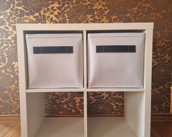 Light grey felt boxes fit into Ikea Expedit and Kallax with leather handles, Custom storage boxes, bins for Kallax cubies custom-made