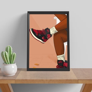 May include: A framed illustration of a person's legs wearing red and black sneakers with white socks. The background is a peach color.