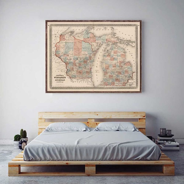 1870 Wisconsin and Michigan map reprint, Great Lakes map reprint - 4 large/XL sizes up to 48"x36" and 3 color choices - sold unframed only