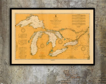 1916 Great Lakes nautical map/chart reprint - upper Midwest/NY State map decor - 3 color choices & 7 sizes up to 72"x48" - sold Unframed