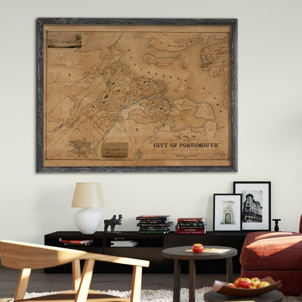 1850 Portsmouth NH map reprint, rustic New England map reprint decor - 3 color choices and 4  sizes up to 40" x 30" - sold unframed only