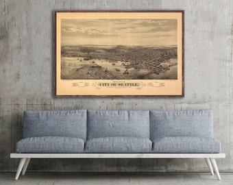 1878 Seattle panorama, Vintage Seattle map home decor reprint - 3 large sizes up to 36" x 24"