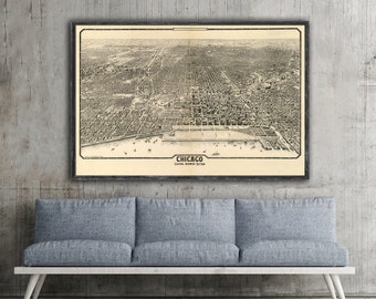 1916 Chicago panorama reprint, Vintage Chicago map reprint ,  5 L/XL sizes up to 54" x36" and 3 color choices