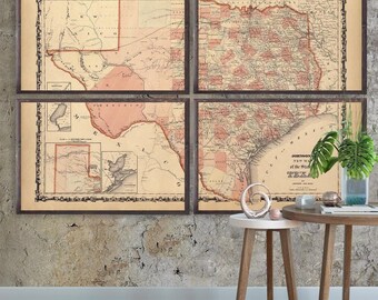 Map of Texas 1862 reprint, Lone Star State map decor/gift - 7 up to 72x48" in 1 or 4 parts and in 3 color choices - sold UNFRAMED only
