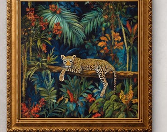Jungle Animal Art, Leopard Wall Print, Tropical Wall Art, Nature Decor, Wildlife Painting, Boho Jungle Poster, Sold UNFRAMED only #174