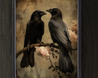 Gothic Crow Wall Art - Vintage-style Raven Print - Dark Romantic Bird Poster - Moody Floral Animal Decor, Sold UNFRAMED #237