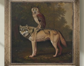 Vintage-style Owl and Wolf Art Print – Whimsical Animal Duo in Antique Oil Painting Style Wall Decor - Sold UNFRAMED #287