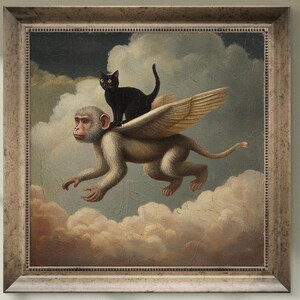 May include: A framed artwork depicts a fantastical scene of a winged monkey carrying a black cat through a cloudy sky. The painting has a vintage aesthetic with soft colors and a detailed frame. The artwork is displayed above a white nightstand.