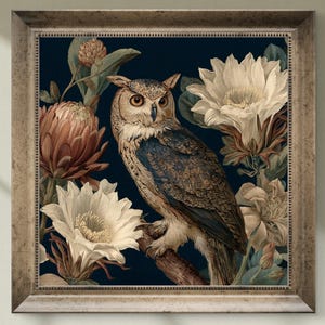 Vintage-style Owl and Flowers Wall Art – Dark Botanical Animal Print for Nature Lovers - Sold UNFRAMED #400