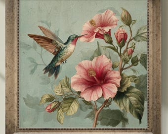 Vintage-style Hummingbird and Hibiscus Wall Art – Botanical Pastel Bird Print for Home Decor - Sold UNFRAMED #399