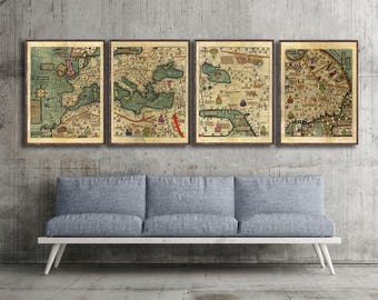 1375 Catalan Atlas map reprint - Mappa mundi reprint - 3 color choices- printed in 4 sections with 4 sizes up to 120"x40" - comes UNFRAMED