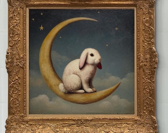 Whimsical Moon Rabbit Oil Painting Print | Cute Bunny Wall Art | Fairy Tale Nursery Decor | Dreamy Animal Poster, Sold UNFRAMED #933