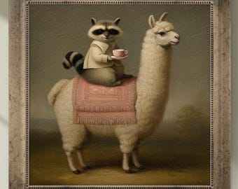 Whimsical Raccoon on Llama – Vintage-style Funny Animal Oil Painting Poster - surreal animal artwork, Sold UNFRAMED #346