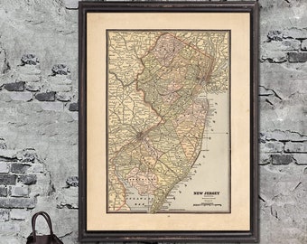 1887 New Jersey map reprint - vintage New Jersey reprint 4 large/XL sizes up to 30x40" in 3 color choices - comes unframed