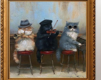 Cat Musician Wall Art, Vintage-style Cat Band Oil Painting, Whimsical Animal Print, Music Room Decor, Cat Lover Gift, Sold UNFRAMED #1230