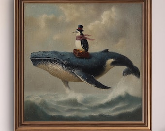 Whimsical Penguin Riding Whale – Vintage-style Fantasy Ocean Animal Oil Painting Wall Art - Sold UNFRAMED #698