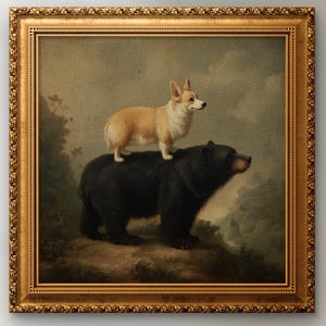 May include: A framed painting featuring a corgi standing on the back of a black bear. The artwork has a vintage aesthetic with a gold ornate frame. The background shows a cloudy sky and foliage. The painting is displayed above a blue sofa with decorative pillows.