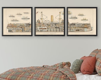 May include: Three framed illustrations of a British Battleship, showing the interior and exterior of the ship. The illustrations are in black frames and are hung on a white wall above a wooden bed with a plaid comforter.