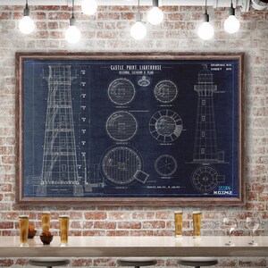 1911 New Zealand Castle Point Lighthouse reprint, Vintage lighthouse blueprint reprint - 5 large/XL sizes up to 54&quot; x 36&quot; / 3 color choices