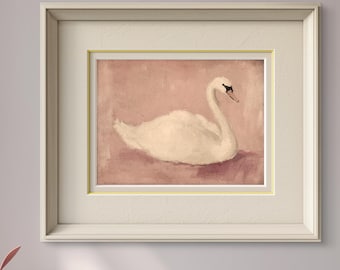 May include: A white swan painting in a cream-colored frame hangs above a white vanity table with a pink lamp and a round mirror. The vanity table has a white top and a white drawer with a wooden drawer front. A pink stool sits in front of the vanity table.