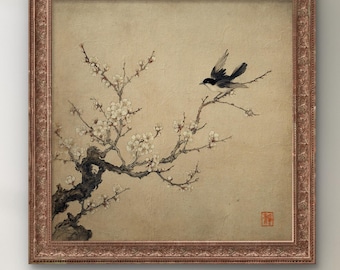Plum Blossom and Bird Wall Art – Oriental Ink Style Nature Painting, Asian Minimalist Floral Poster- Sold UNFRAMED #744