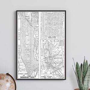 Mid-century New York City 3-map reprint - c. 1955 NYC/Manhattan street & subway map 4 sizes up to 30x40&quot; and 4 color choices - sold UNFRAMED