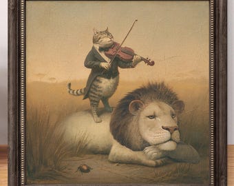 Violin Cat & Lion Oil Painting Print, Vintage-style Whimsical Animal Art, Storybook Antique Style Wall Decor- Sold UNFRAMED #1105