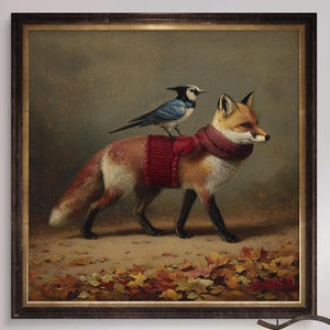 May include: A framed painting depicts a fox wearing a red scarf and sweater, with a blue bird perched on its back. The fox walks through fallen autumn leaves. The artwork has a vintage, whimsical style.