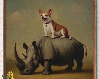 May include: A framed artwork depicts a dog perched atop a rhinoceros. The dog is brown and white with a collar. The rhino is gray. The background is a muted green and yellow. The artwork is displayed on a wooden cabinet with sunflowers in a vase.