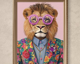Lion, Lion Painting, Quirky Animal Print, Lion Wall Decor, Fashion print, Stylish Lion Poster, Funky Wildlife Art, Sold UNFRAMED #144
