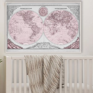 1879 World Map reprint, Pink Nursery edition -kid&#39;s decor - printed on fine art matte paper - 5 large/XL sizes up to 54&quot;x36&quot; - sold unframed