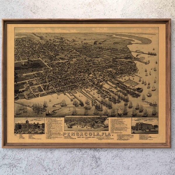 1885 Pensacola Map reprint - vintage Pensacola map reprint  - Nautical gift - 5 L/XL sizes up to 40x30" & 4 color choices - comes unframed