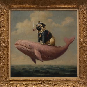 May include: A framed painting depicts a pug wearing a naval uniform and smoking a pipe, riding a pink whale across a blue sea. The artwork is set against a cloudy sky, framed in an ornate gold frame.