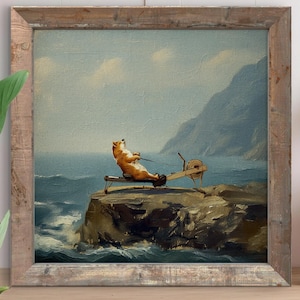 May include: A square framed oil painting depicting a brown bear sitting on a rocky cliff overlooking the ocean while using a wooden rowing machine. The scene features a calm sea, distant mountains, and a light blue sky with soft clouds.