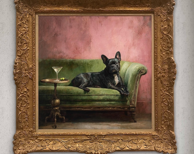 French Bulldog Art Print – Vintage-style Dog Wall Decor with Martini Vibe - Sold UNFRAMED only#267