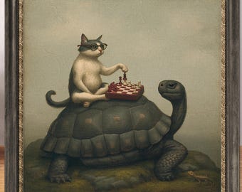 Whimsical Cat Playing Chess on Turtle Art Print, Surreal Cat Wall Decor, Funny Cottagecore Poster, Sold UNFRAMED #1108