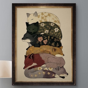 May include: Framed art print featuring a stack of sleeping foxes. Each fox has a unique color and pattern, including floral and geometric designs. The artwork is displayed in a dark brown wooden frame.