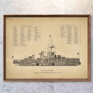 WWI-era British Battleship schematic reprint - Vintage Naval/Nautical reprint - 7 sizes up to 36x30&quot; and 3 color choices - unframed